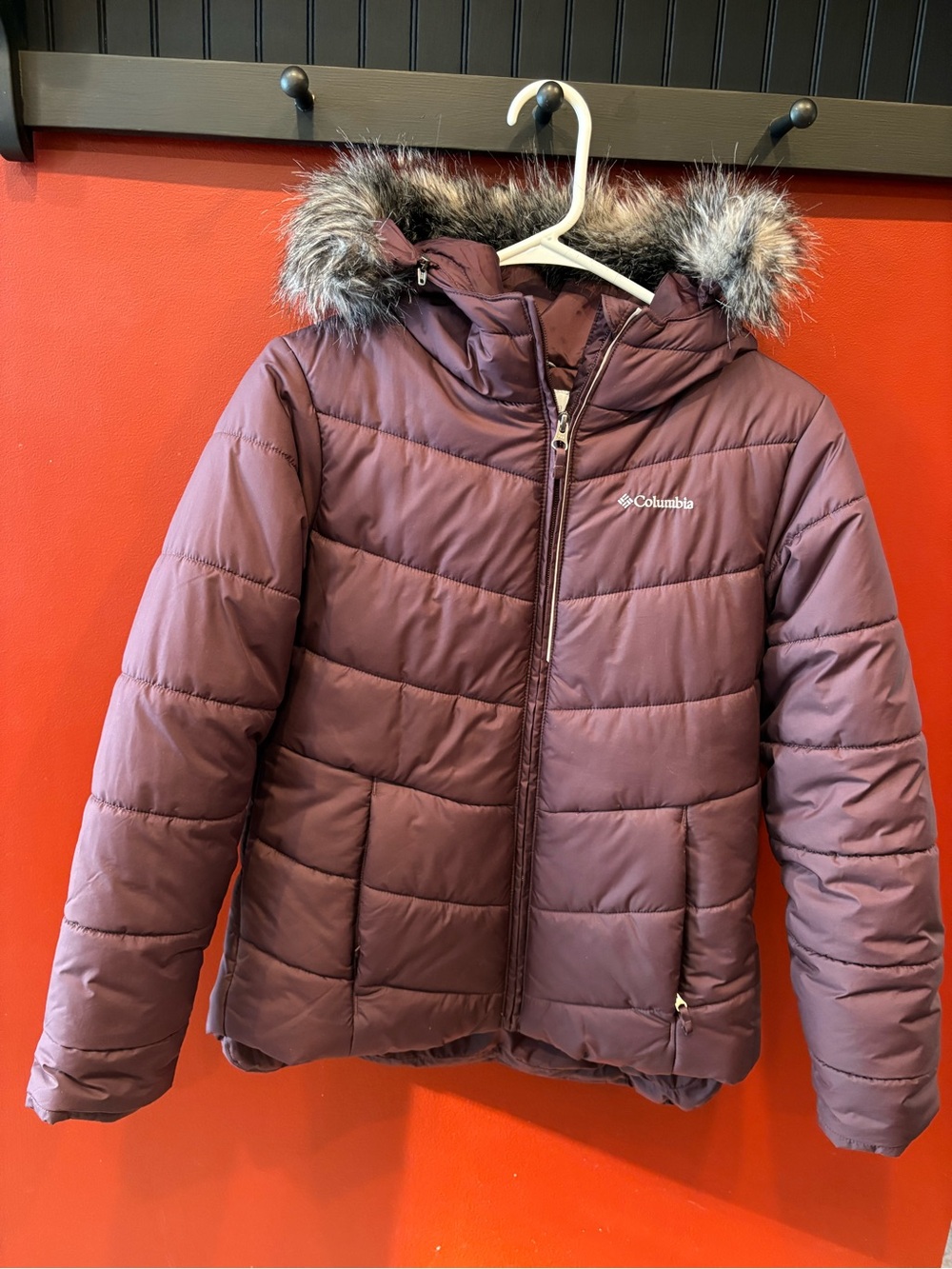 Columbia Girls' Maroon Katelyn Creast Puffer Jacket with Faux-Fur Trim Hood